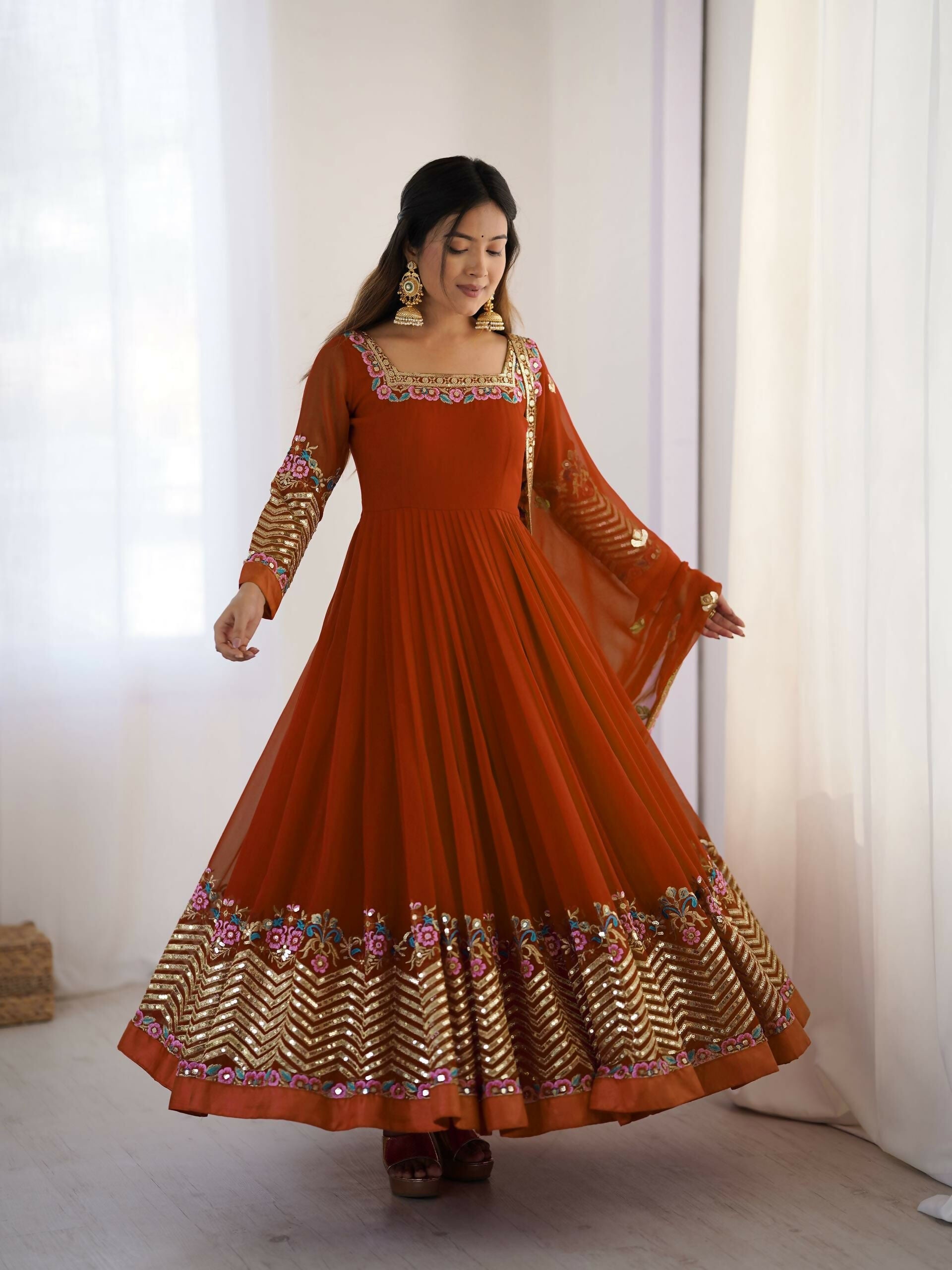 Prazu Fashion Orange Georgette Embroidered Sequence Anarkali Suit