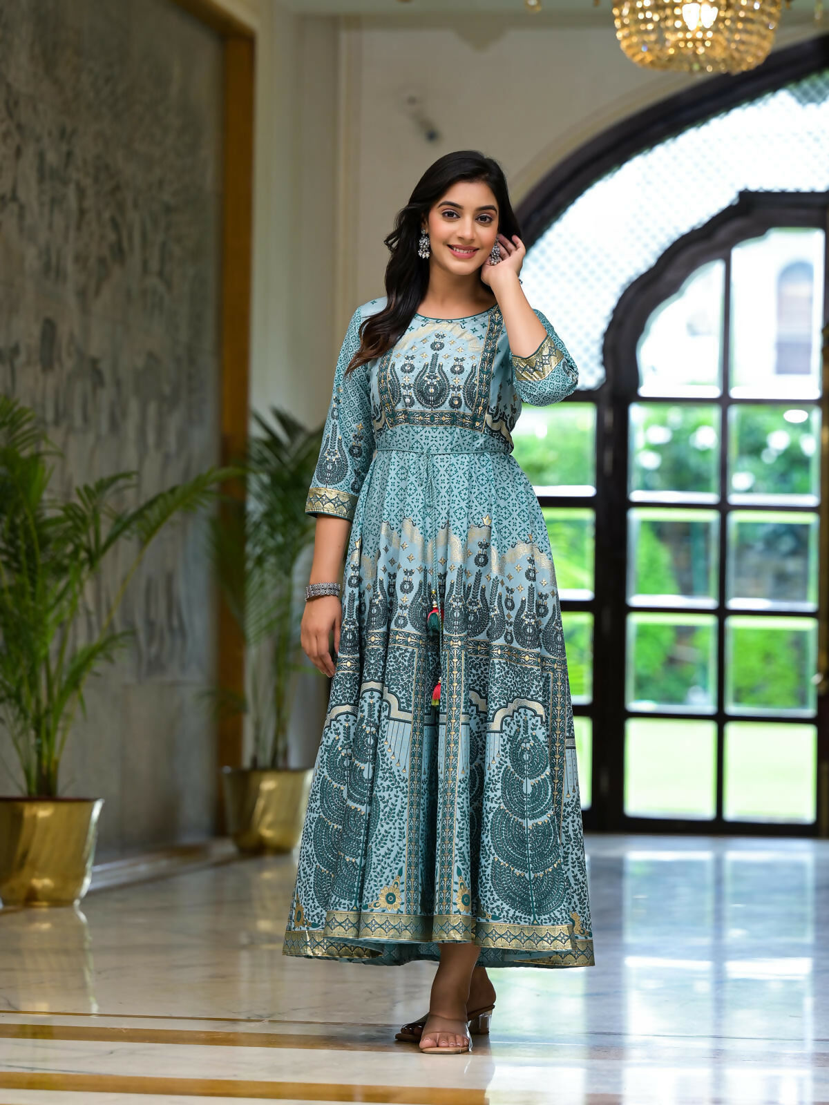 Juniper Women's Aqua Santoon Printed Fit & Flare Maxi Dress With Beads & Dori On Waist