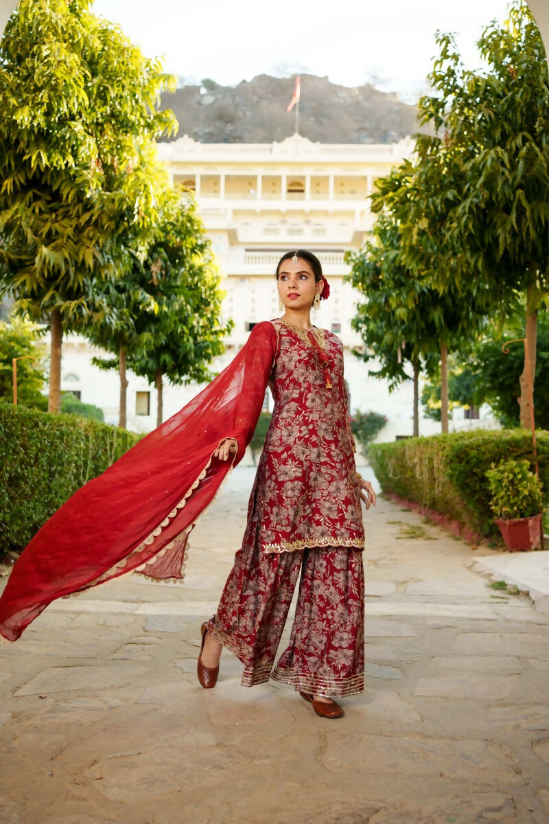 Vaasva Women Maroon Muslin Floral & Embroidered Cut Work Kurta ,Sharara & Dupatta set