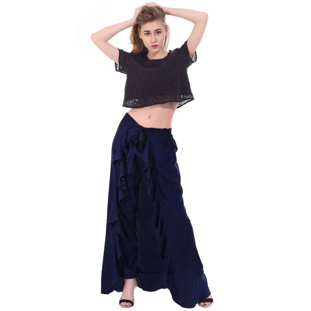 Asmaani Navy Blue Color Plain Ruffle Palazzo