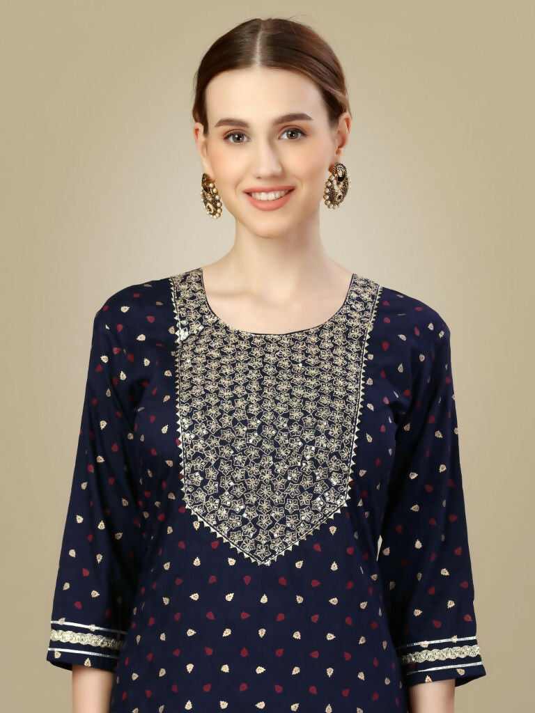 Jyoti Fashion Women's Navy Blue Silk Blend Embroidery & Sequence work Kurta with Trouser & Dupatta
