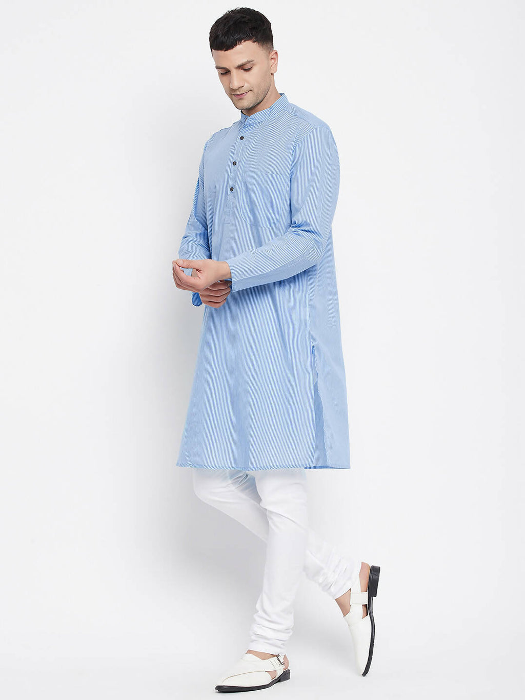 Even Apparels Blue Pure Cotton Men's Kurta With Band Collar