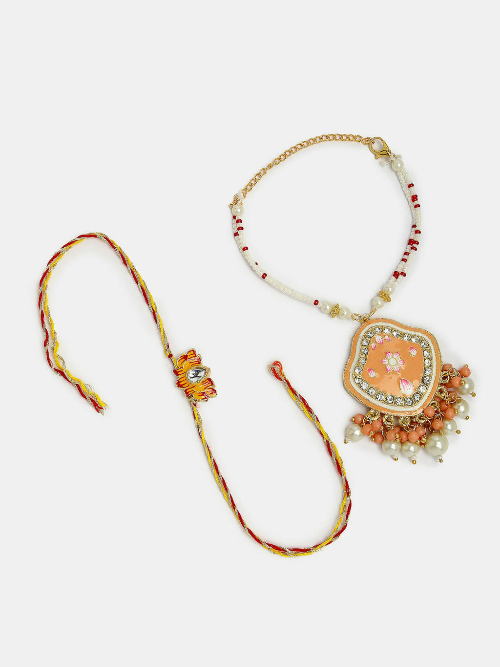 NVR Women & Men Set of 2 Peach Lotus Shape Kundan Stone-Studded & Beaded Bhaiya Bhabhi Rakhi With Roli Chawal