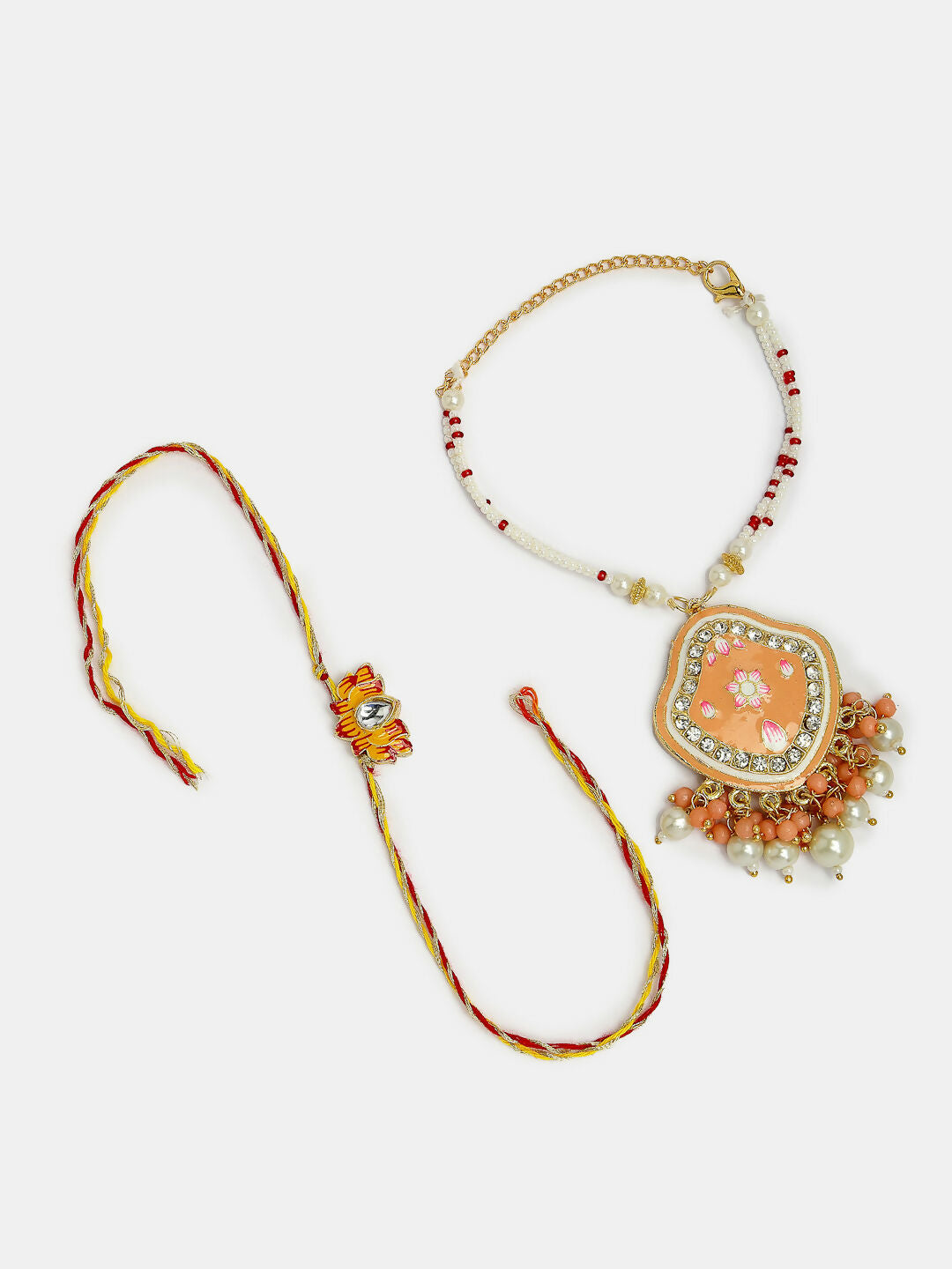 NVR Women & Men Set of 2 Peach Lotus Shape Kundan Stone-Studded & Beaded Bhaiya Bhabhi Rakhi With Roli Chawal