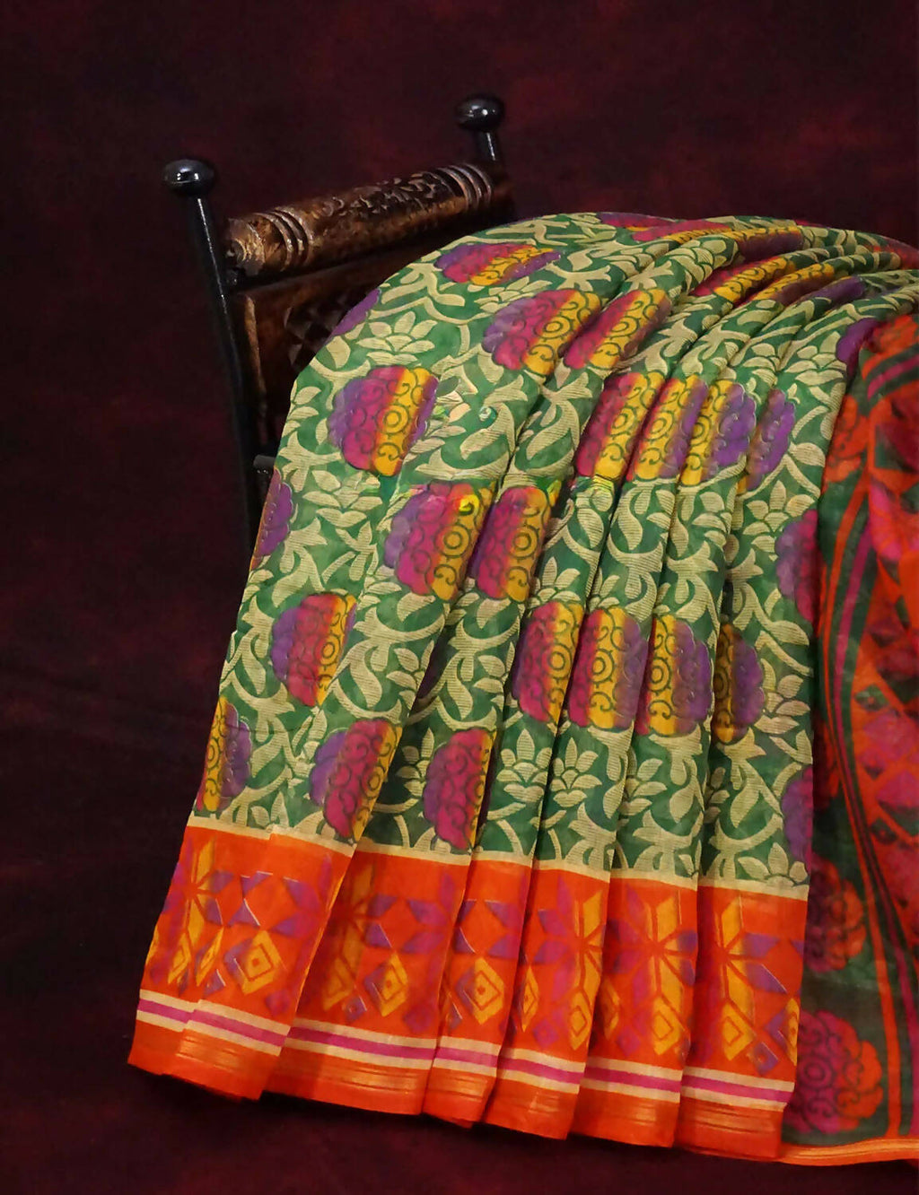 Dark Leaf Green Printed Semi Chanderi Saree By Gayathri Reddy Designer Studio