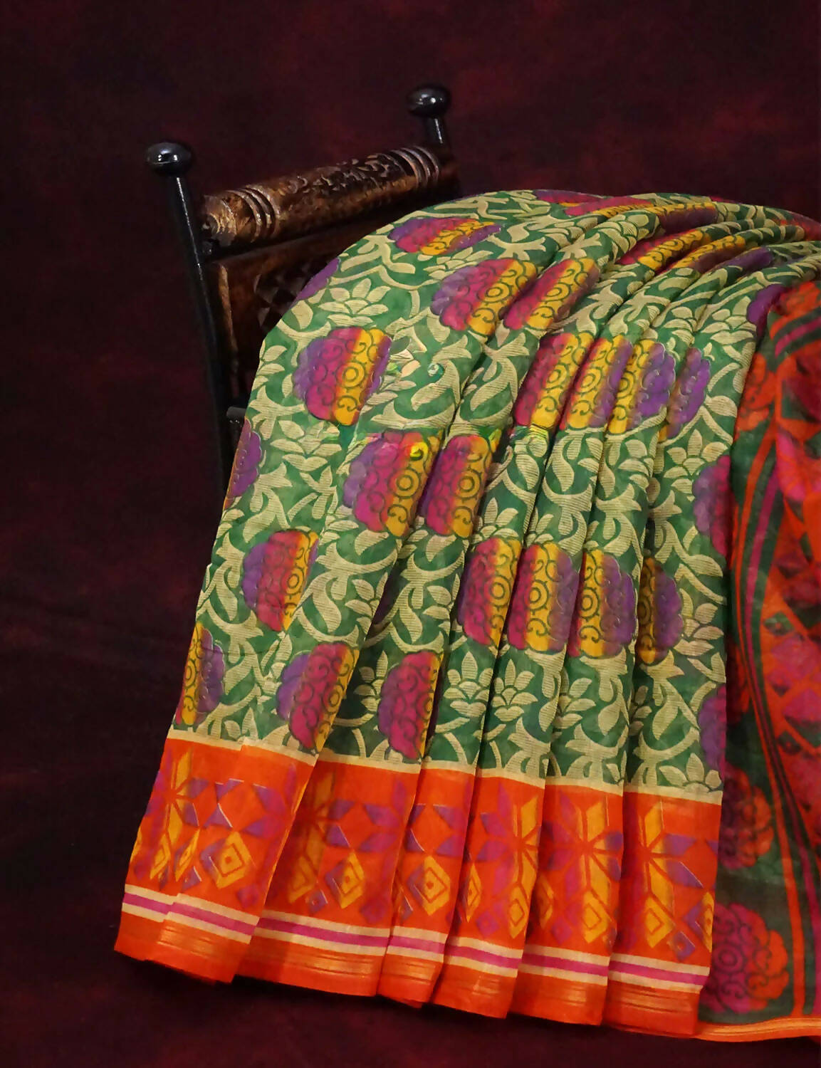 Dark Leaf Green Printed Semi Chanderi Saree By Gayathri Reddy Designer Studio