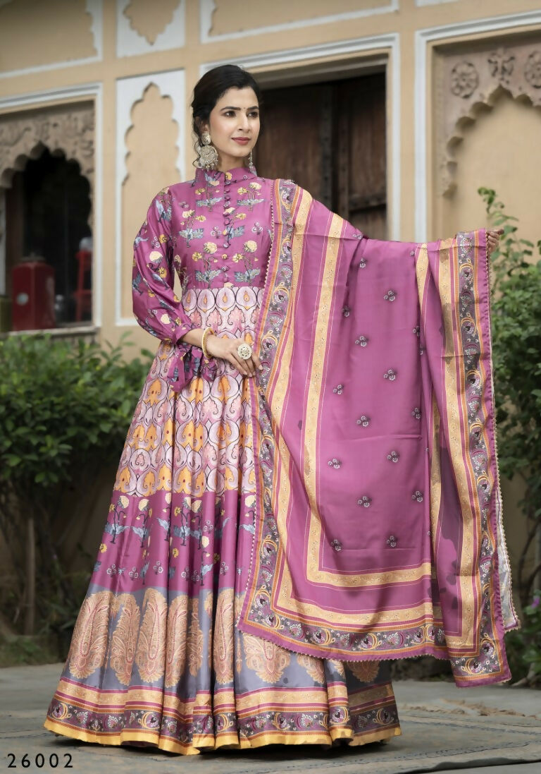 Wedding Designer Purple Soft Dola Silk Anarkali suit with Dupatta - Samanta