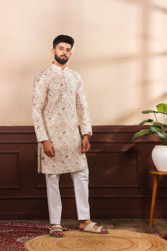 Beige Art Silk Digital Printed, Embroidery Work Kurta Set - Mahotsav
