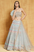 Jyoti Fashion Light Turquoise Thread, Zari and Paper Mirror Embroidered Organza One Shoulder Bridal Lehenga Choli