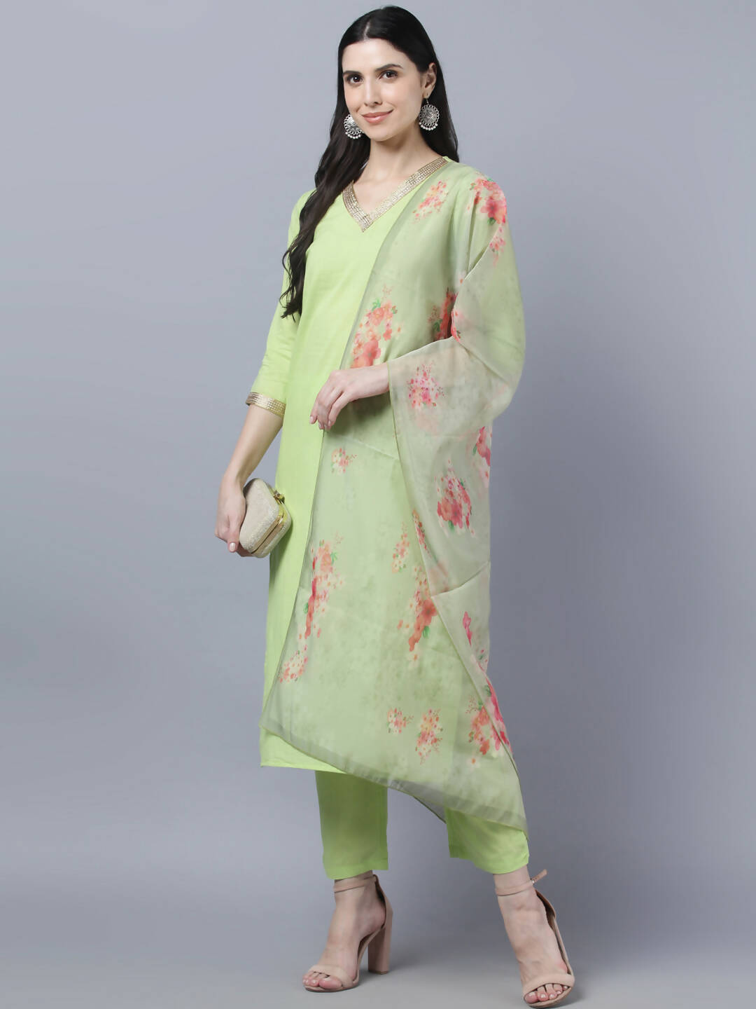Myshka Women Green Regular Pure Cotton Kurta with Trousers With Dupatta Set