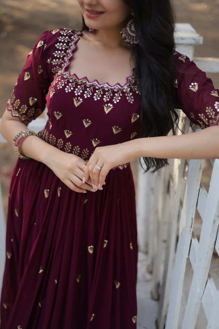 Vastranavya Premium Designer Faux Blooming with Embroidery Zari Sequins work Gown - Maroon