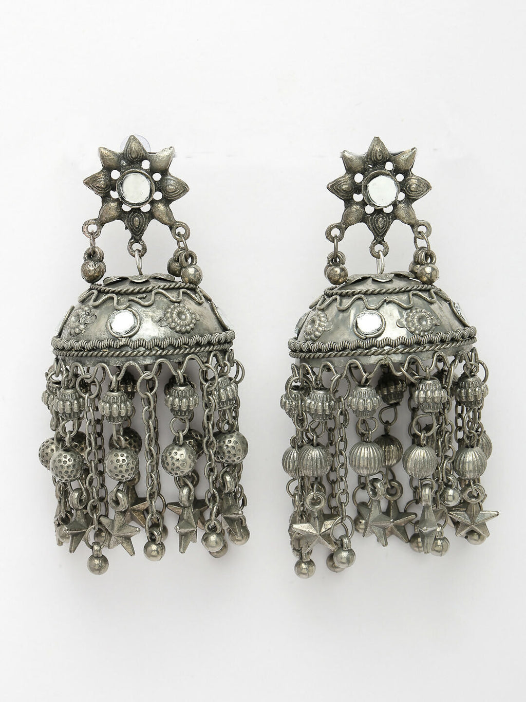 NVR Women's Silver Plated Mirror Work Oxidised Contemporary Jhumka Earrings
