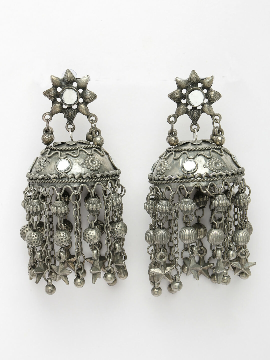 NVR Women's Silver Plated Mirror Work Oxidised Contemporary Jhumka Earrings