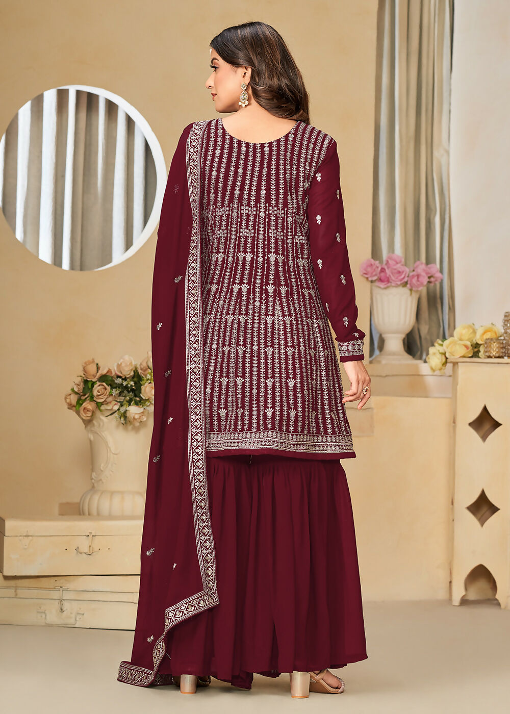 Faux Georgette Maroon Embroidered Gharara Style Suit - Emponline