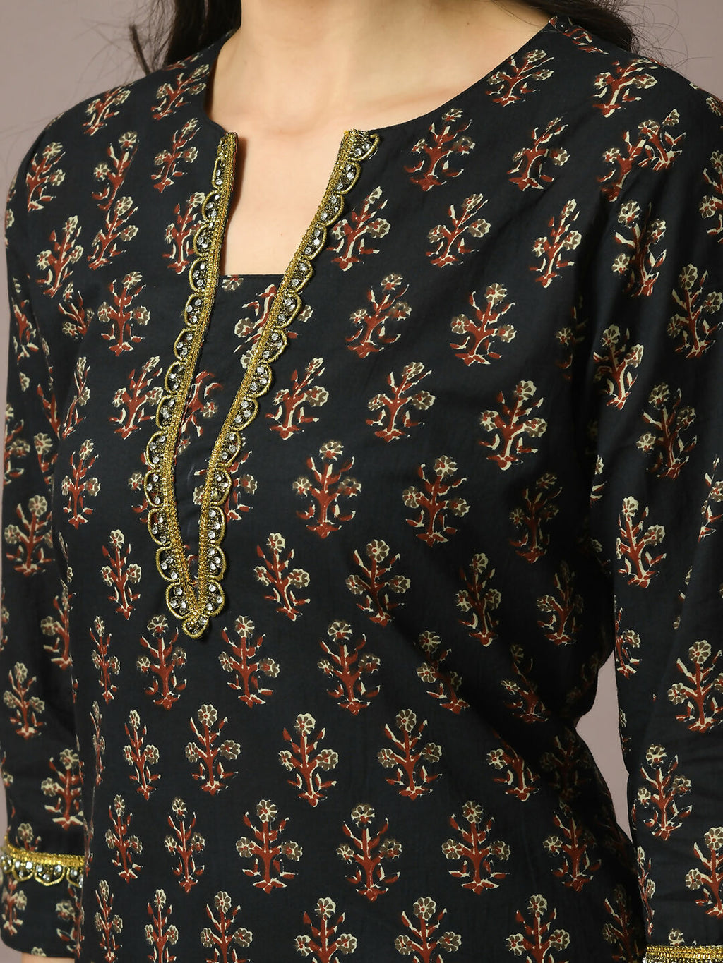 Myshka Women's Black Printed Cotton Straight Party Kurta Set