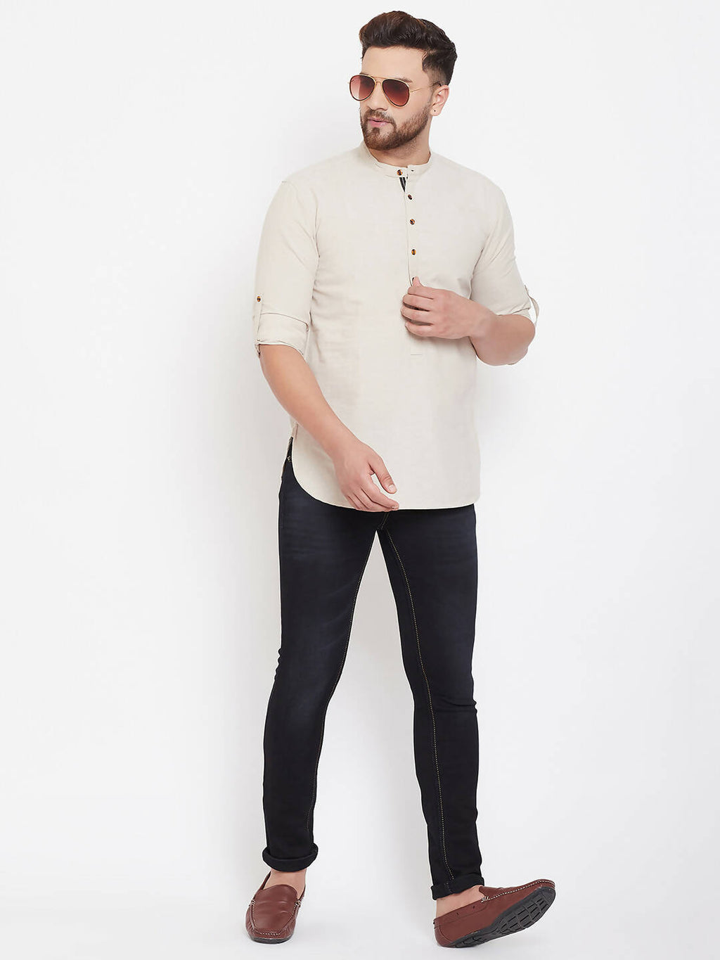 Even Apparels Beige Pure Cotton Men's Kurta With Band Collar