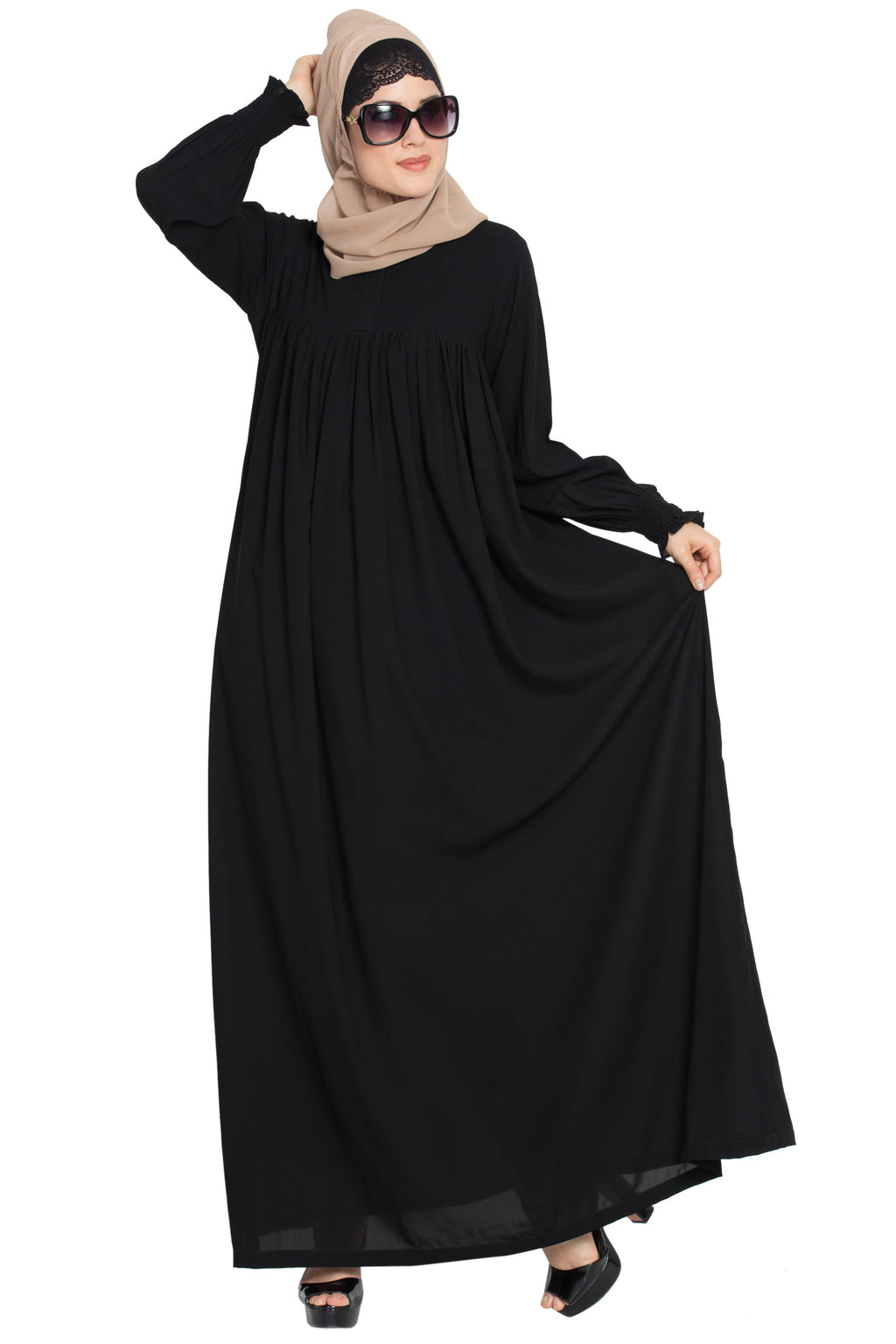 Bashariya Loose From Chest| Arabian Abaya With Gather and Smocky Sleeves - Black
