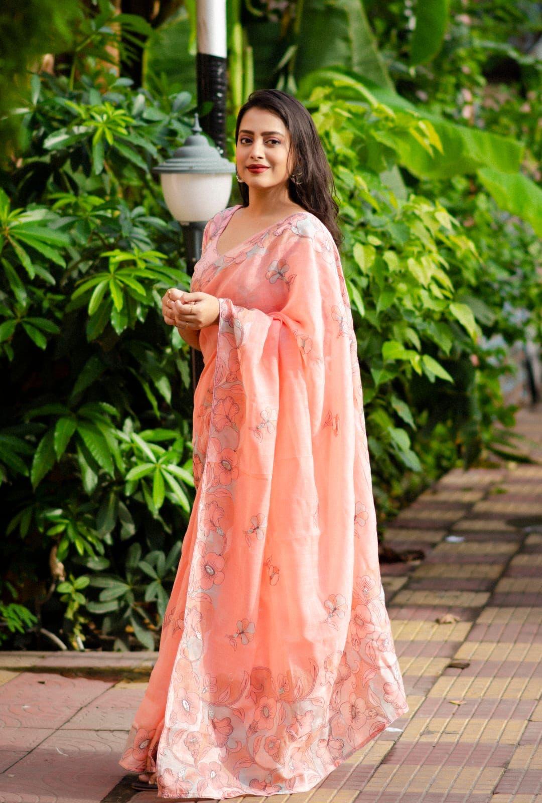 Pink Pure Linen Ethnic Motifs Saree with Unstitched Blouse - Hiral Fashion