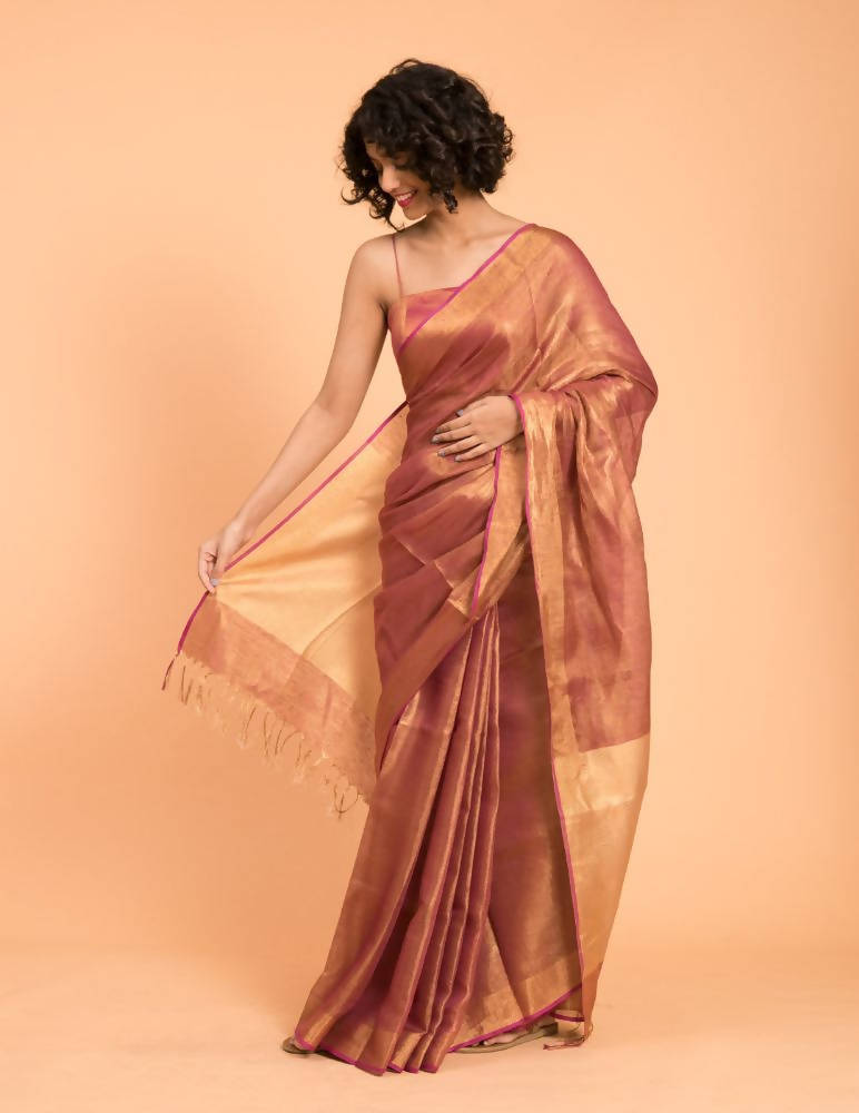 Suta Pink Golden Solid Zari Pure Linen Saree
