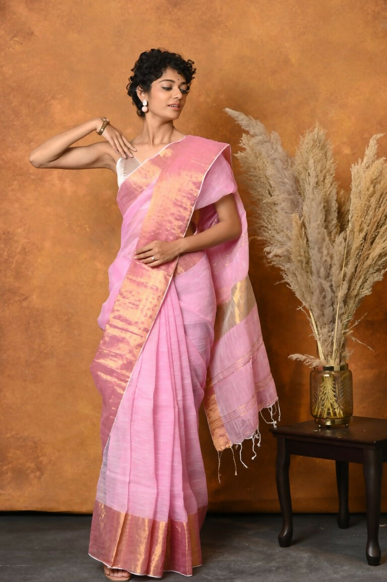 Very Much Indian Handloom Pure Cotton Linen Saree With Golden Border - Pink