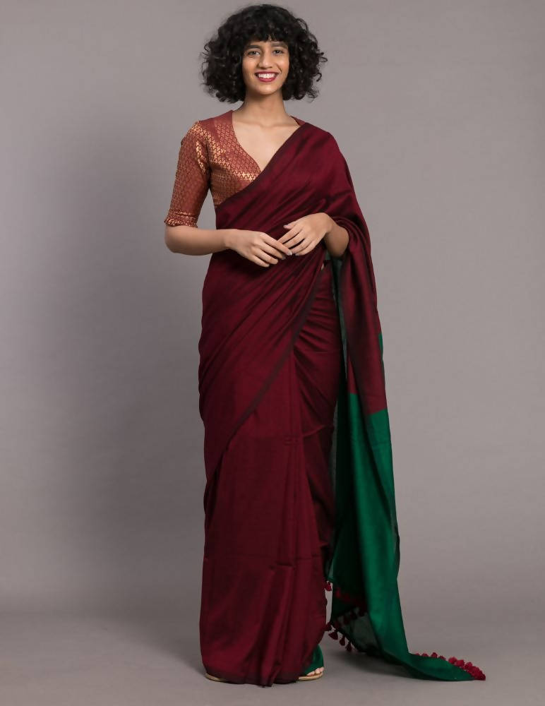 Suta Maroon Green Colourblocked Cotton Blend Saree