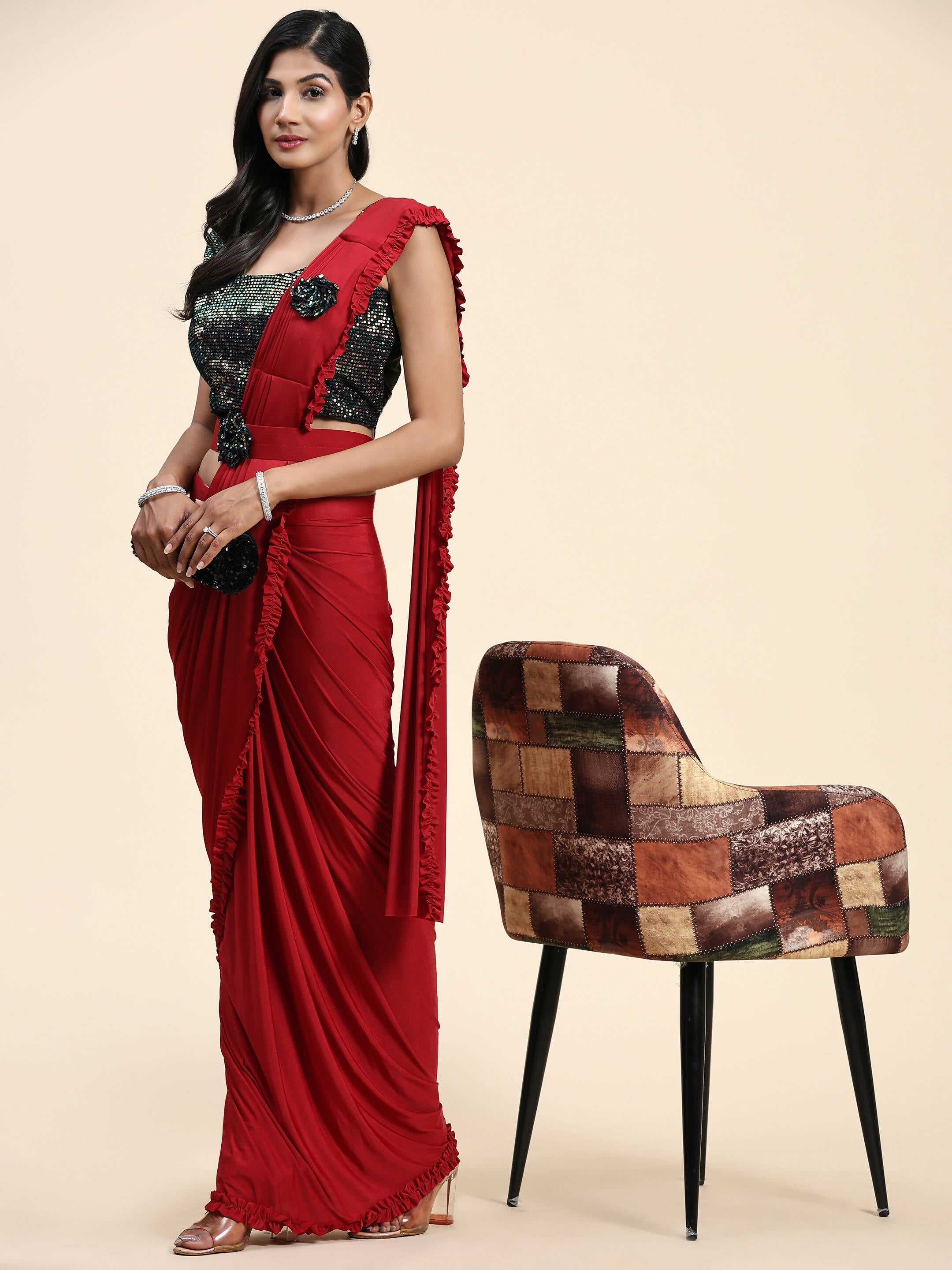 Red Imported Fabric Plain Ready to wear Saree with stitched Blouse - Vrinda