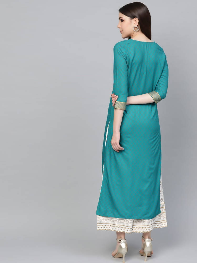 Vamika Sky Blue Printed Rayon Party And Casual Wear Kurta Set