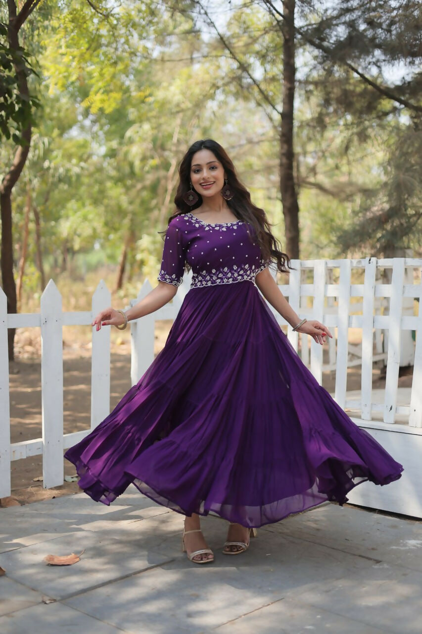 Vastranavya Faux Blooming with Beads embroidery-work Gown - Purple