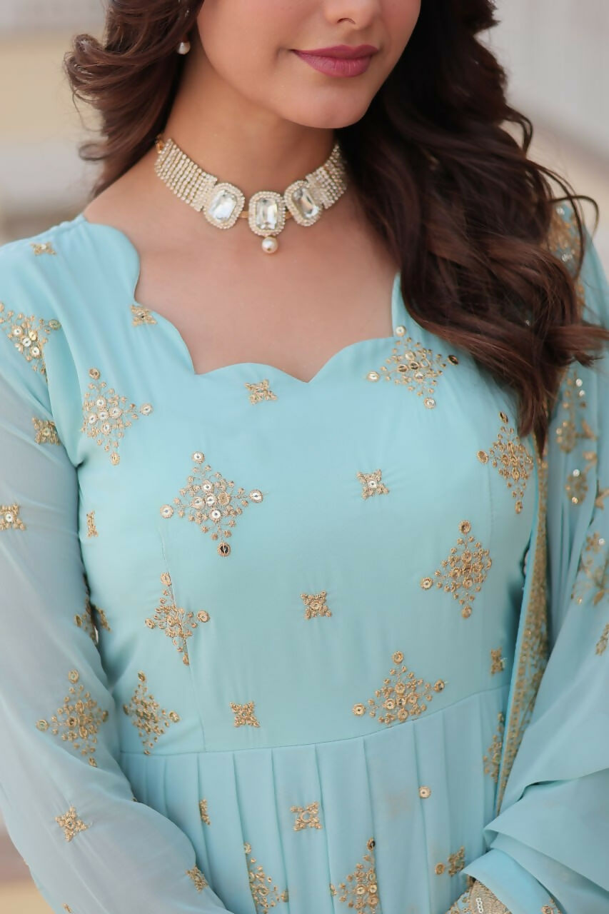 Vastranavya Faux Georgette with Zari & Sequins Embroidery Work Gown with Dupatta - Turquoise