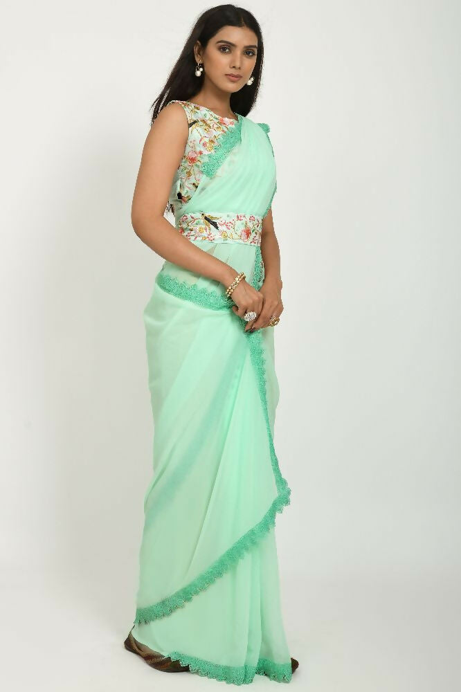 PR Fashion Pista Georgette Gpo Lace Saree