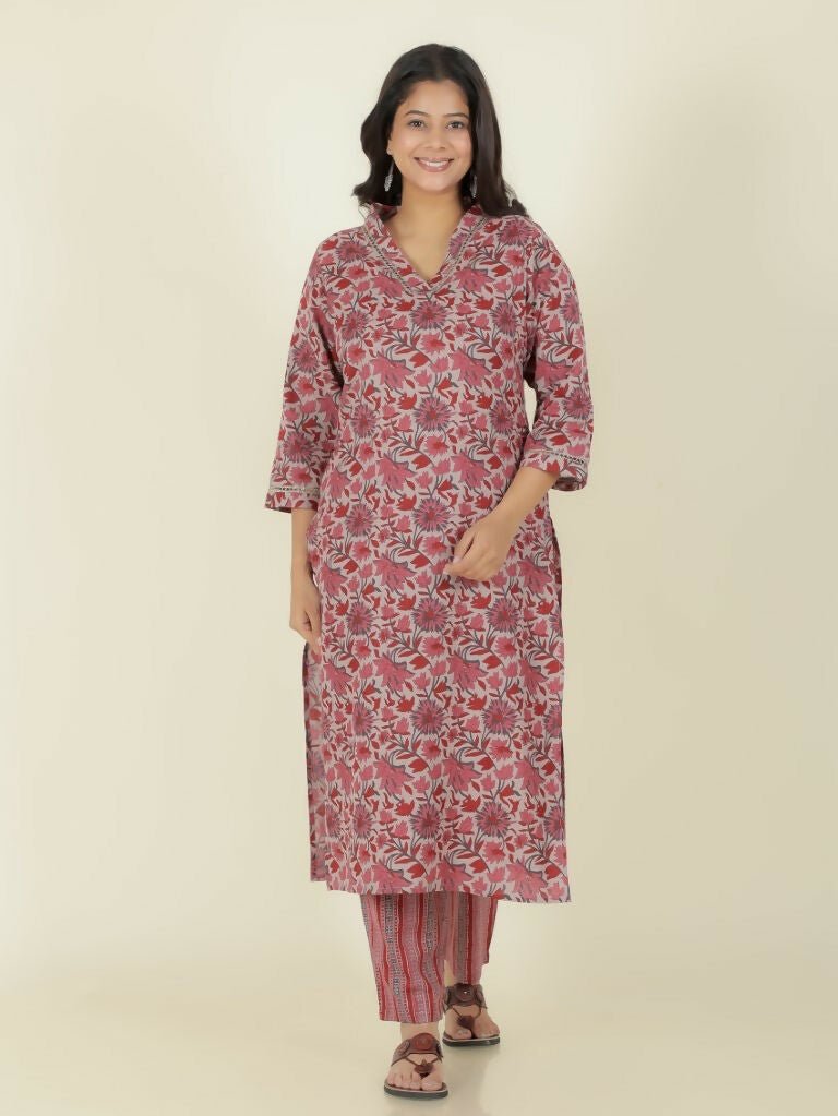 Aramya Straight Linen Cotton Floral Print Women's Kurta Set - Grey