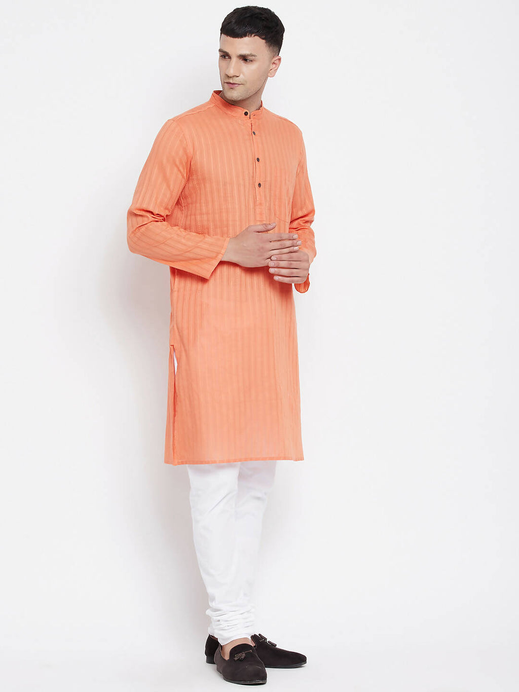 Even Apparels Orange Color Pure Cotton Men's Kurta With Band Collar