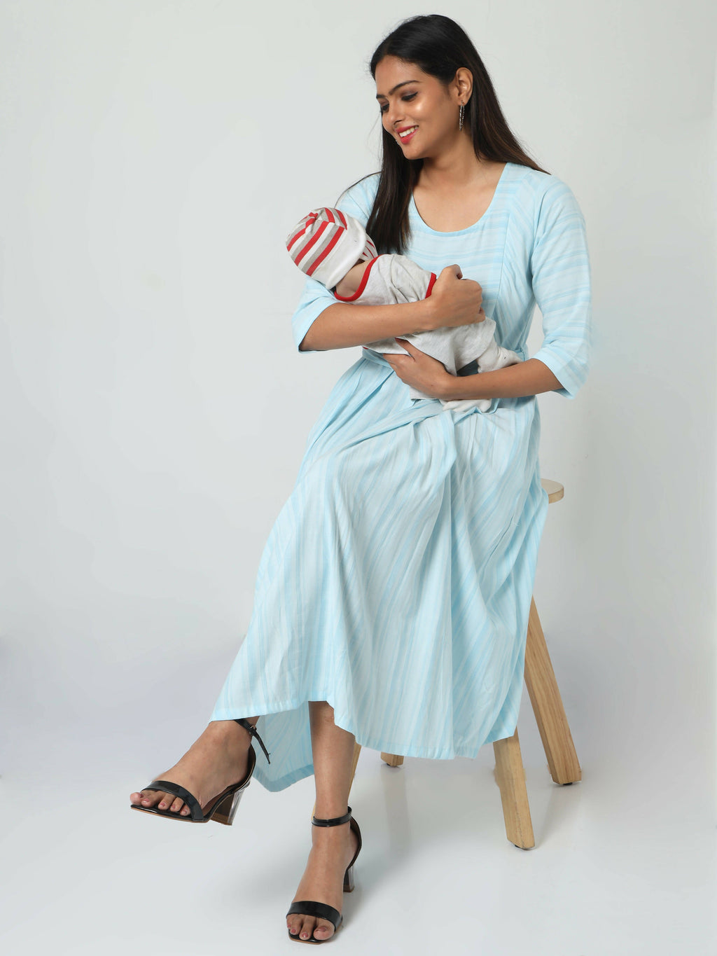 Manet Three Fourth Maternity Dress Striped With Concealed Zipper Nursing Access - Light Blue