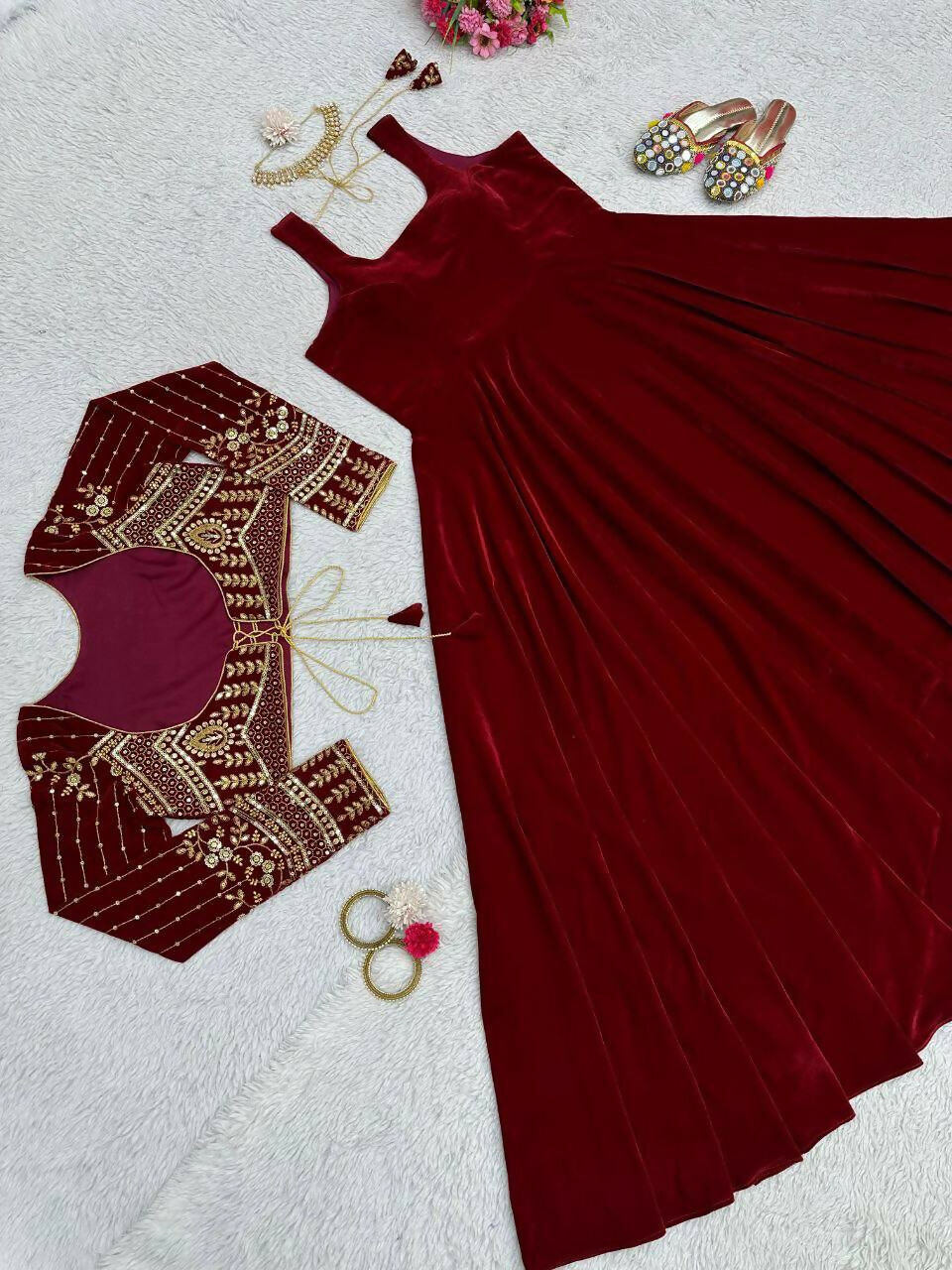 Vastranavya Maroon Velvet Thread With Sequence Work Gown With Koti