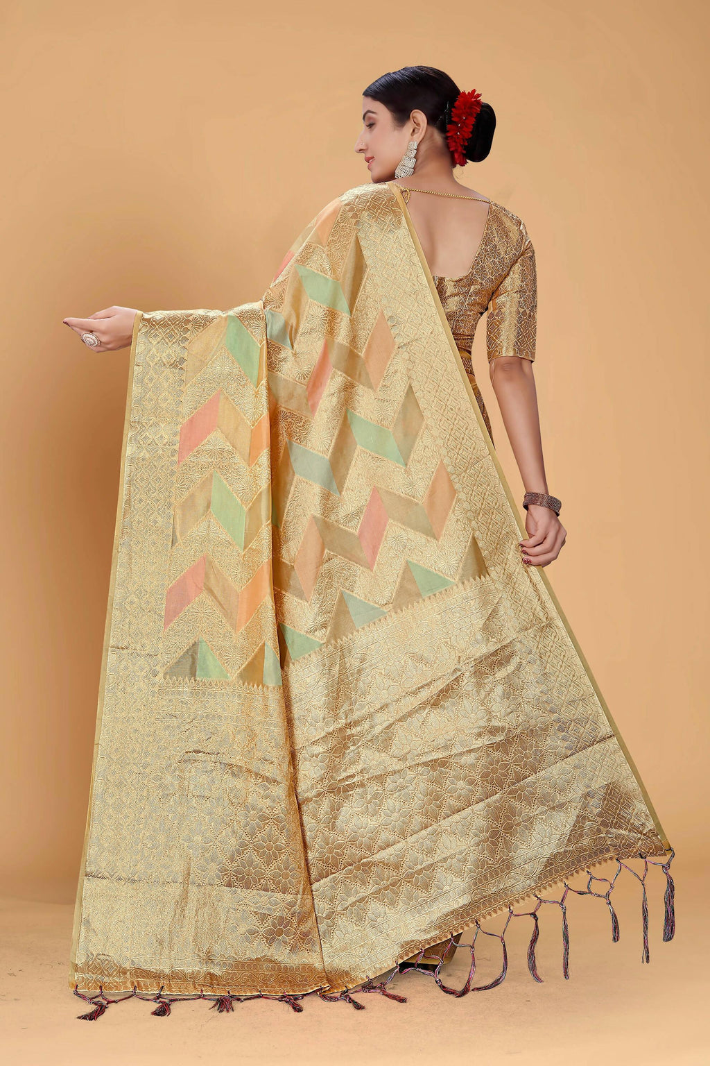 Beige Soft Organza Woven Design Saree With Unstitched Blouse Piece - Zaara