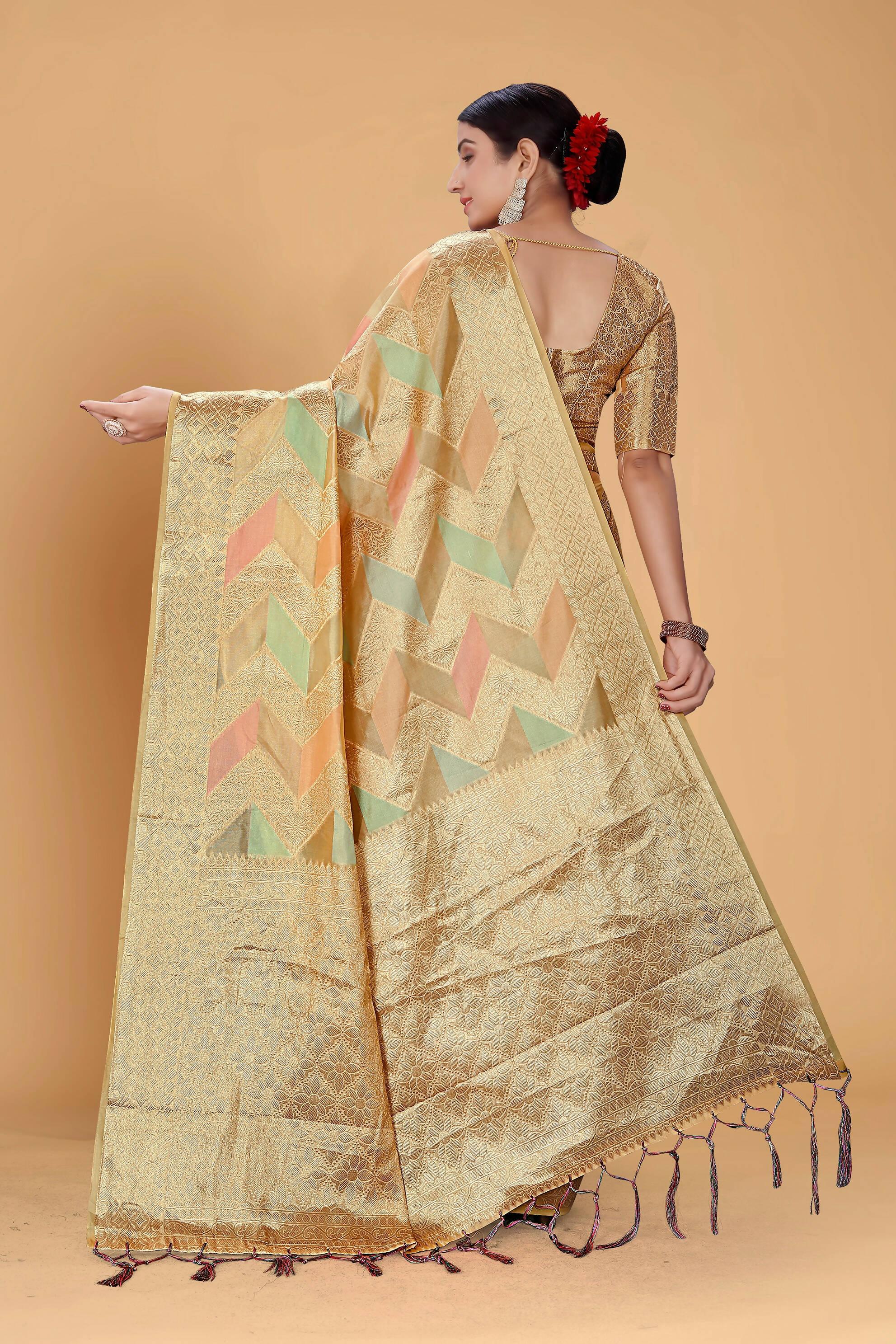 Beige Soft Organza Woven Design Saree With Unstitched Blouse Piece - Zaara
