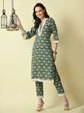 Myshka Women's Green Straight Kurta & Trousers