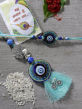 NVR Women & Men Set of 2 Blue Evil Eye & Beaded Bhaiya Bhabi Rakhi With Roli Chawal