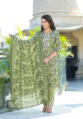Juniper Women's Green Floral Printed Cotton Kurta Set With Thread & Mirror Work