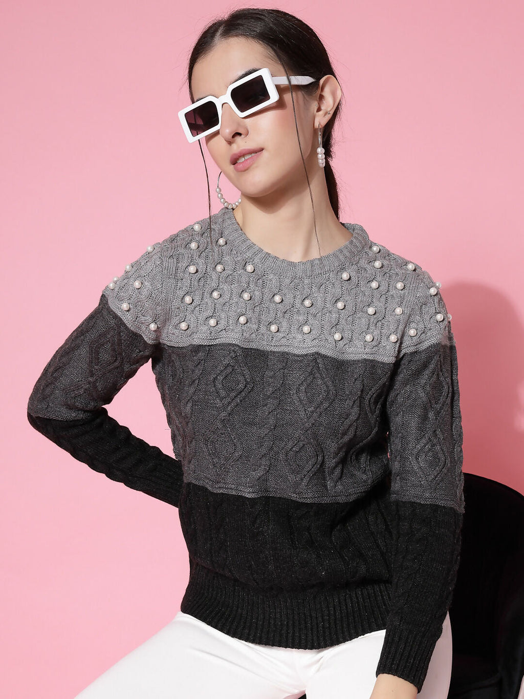 Women Color Block Winter Charcoal Acrylic Sweater - Wool Trees
