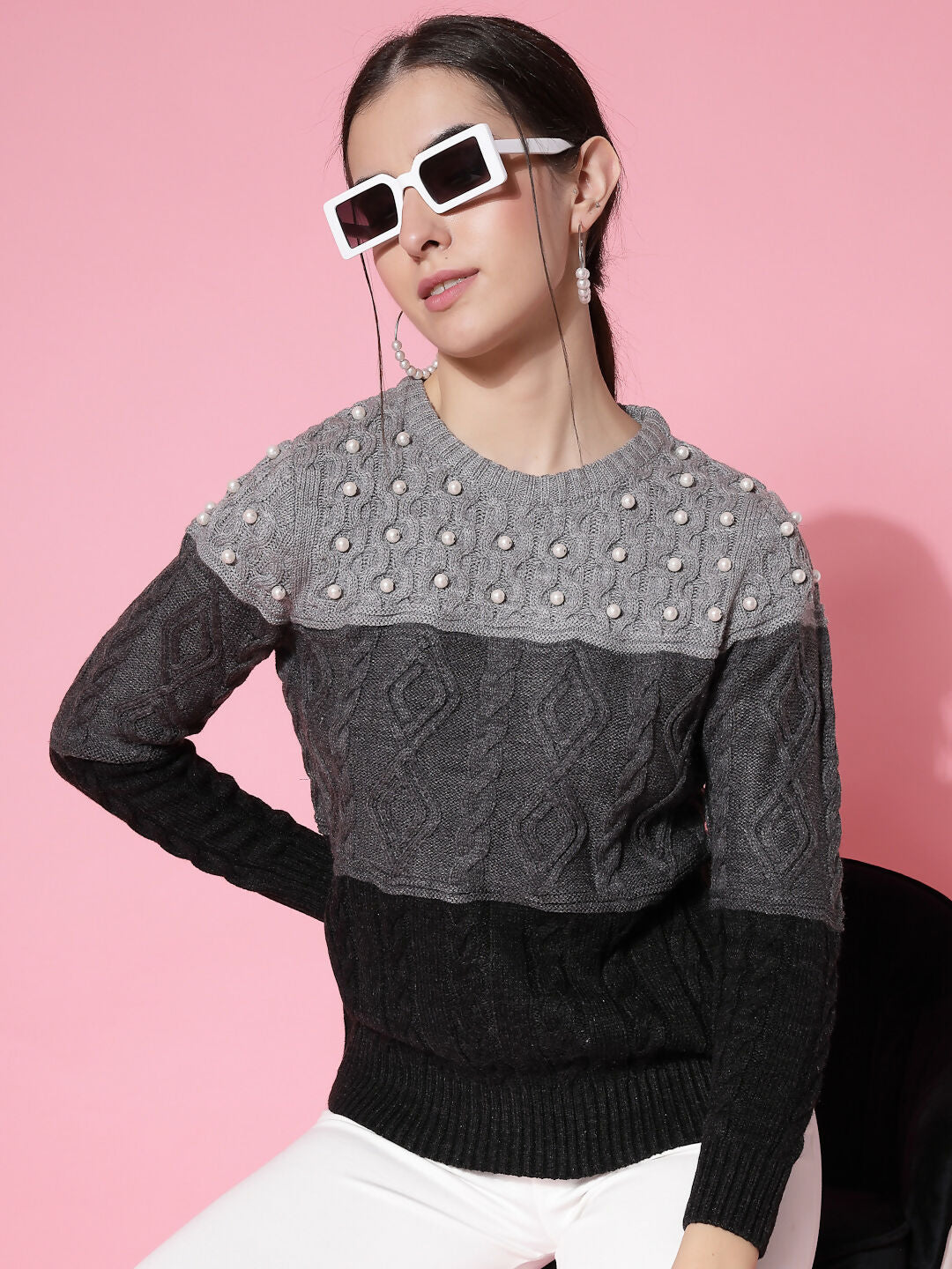 Women Color Block Winter Charcoal Acrylic Sweater - Wool Trees