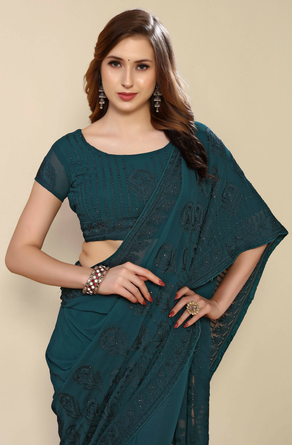 Teal Georgette Embroidered and Stone Work Saree with Unstitched Blouse Piece - Roozal