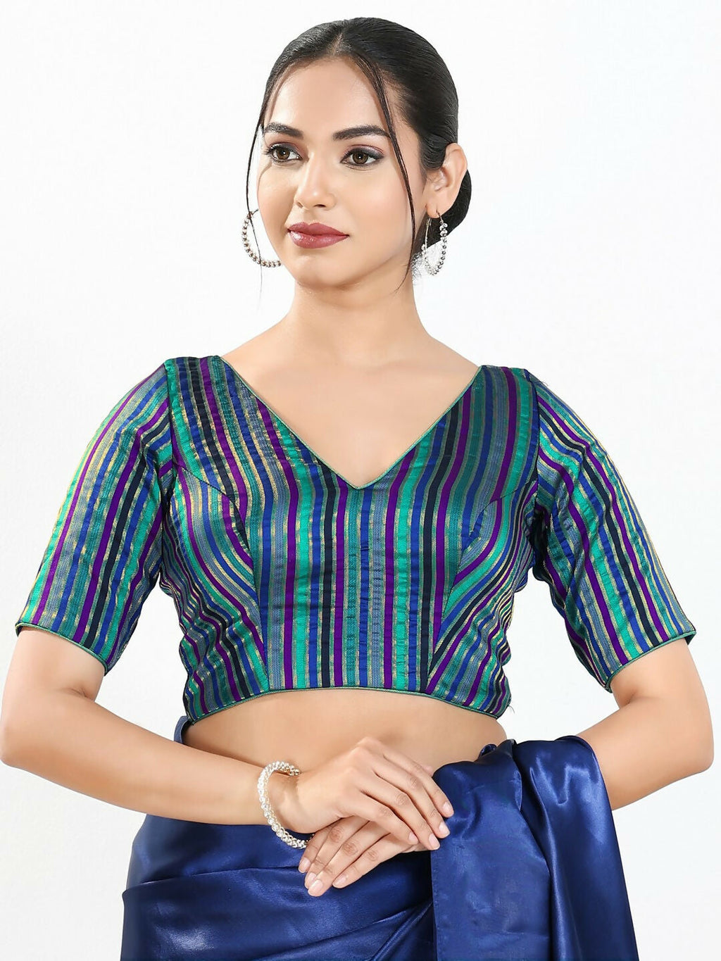 Joban Fashion Blue Multi Brocade Padded Blouse With V Neck Elbow Sleeves