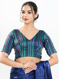 Joban Fashion Blue Multi Brocade Padded Blouse With V Neck Elbow Sleeves