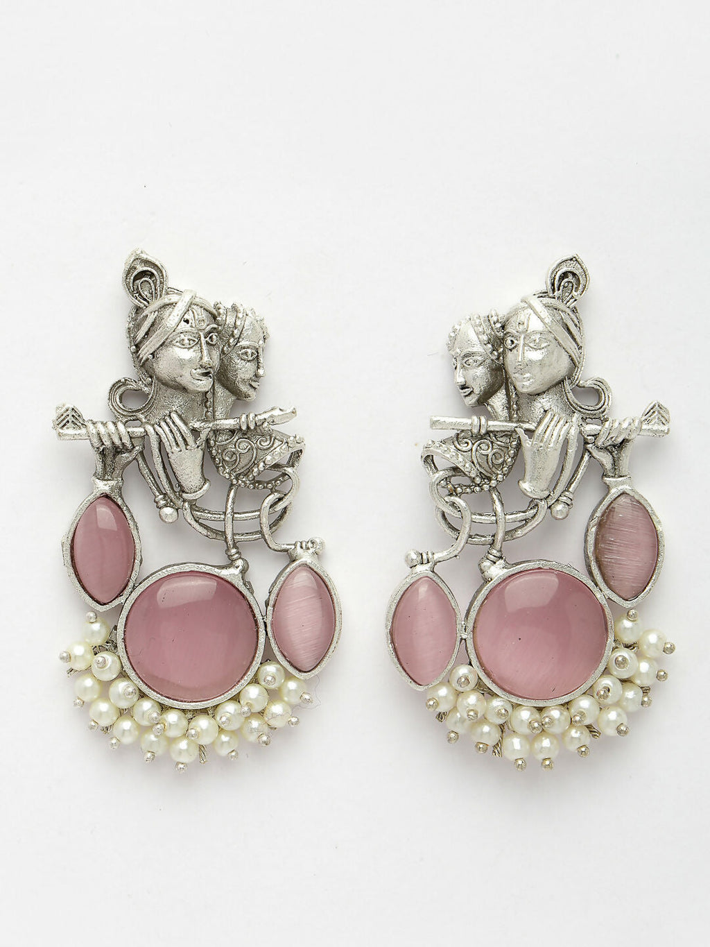 NVR Women's Silver-Plated Artificial Stones and Beads Radha Krishna Drop Earrings