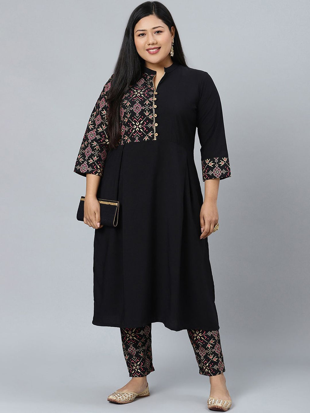Sztori Plus Size Geometric Printed Mandarin Collar Straight Kurta With Trouser