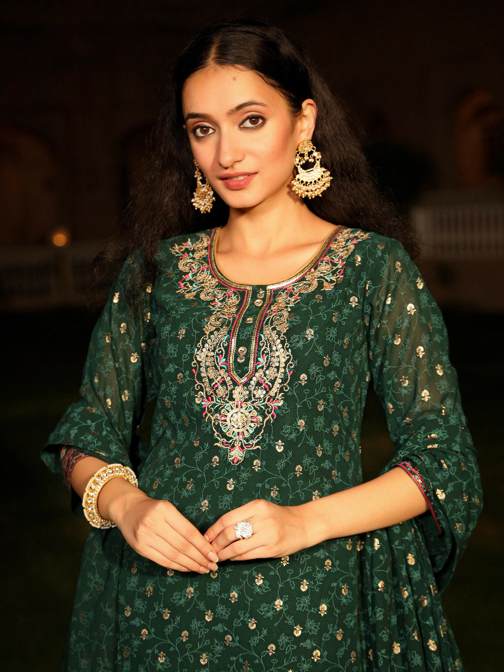 Juniper Women's The Swarn Jade Green Ethnic Motif Printed Georgette Kurta Pant And Dupatta With Sequins & Zari Work