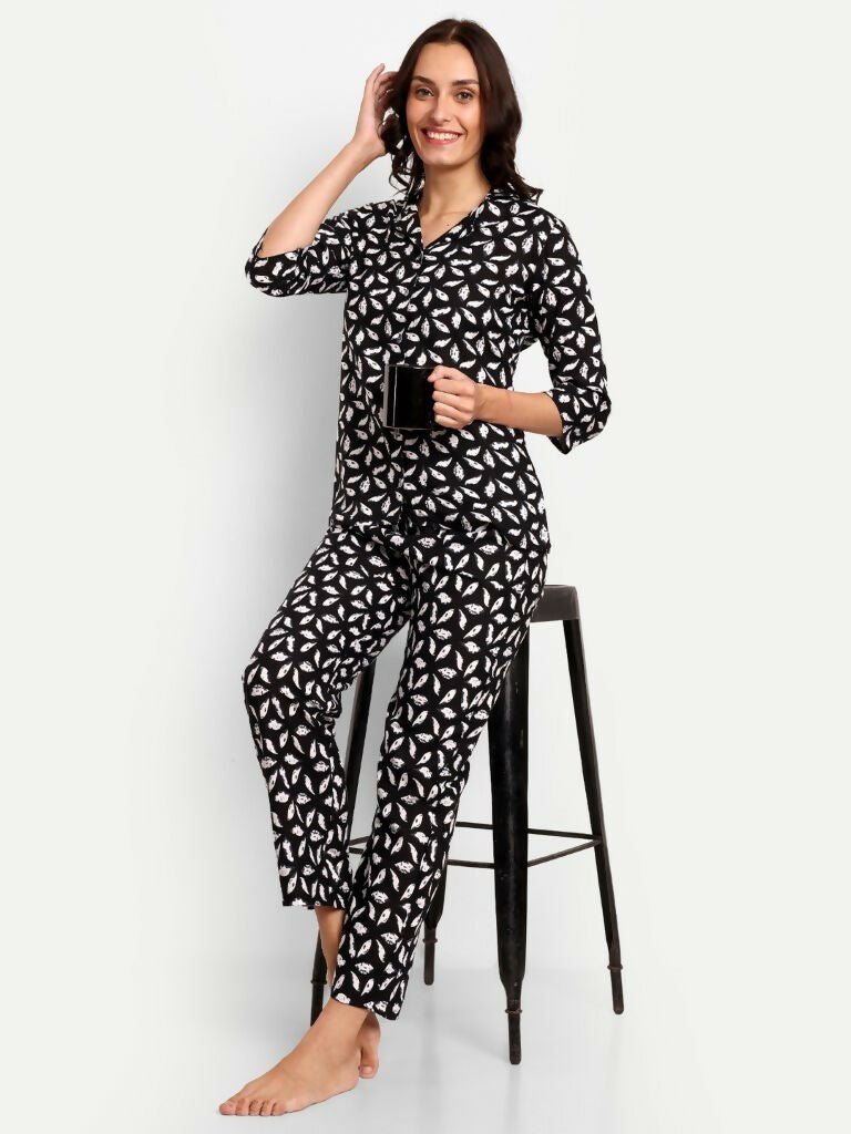 Alvano Beautiful Floral Print Co-ord set for Women's and Girls Rayon (Black)