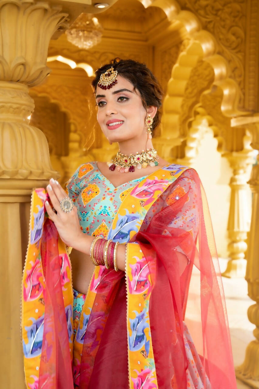 Designer Sky Blue Lehenga Choli for Women, Printed and Mirror Work Lehengas Set by Infinity Export