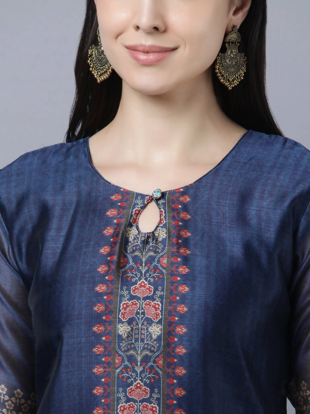 Myshka Women Navy Blue Ethnic Motifs Printed Keyhole Neck Chanderi Silk Kurta